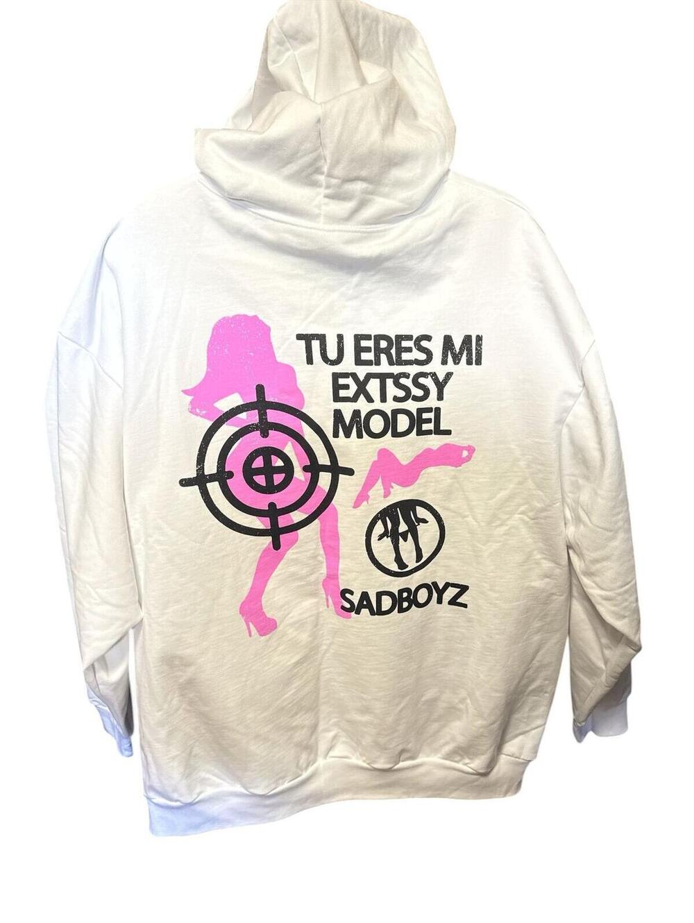 Sadboyz White Hoodie with Pink Graphic Text and Silhouette